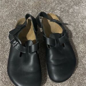Birkenstock Black Leather Clog Sandals with Buckle